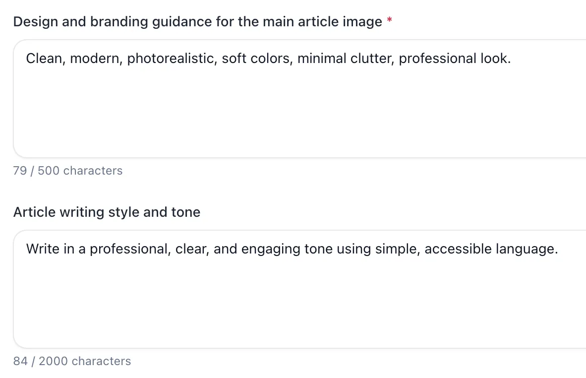 Brand customization interface showing writing style settings and visual customization options